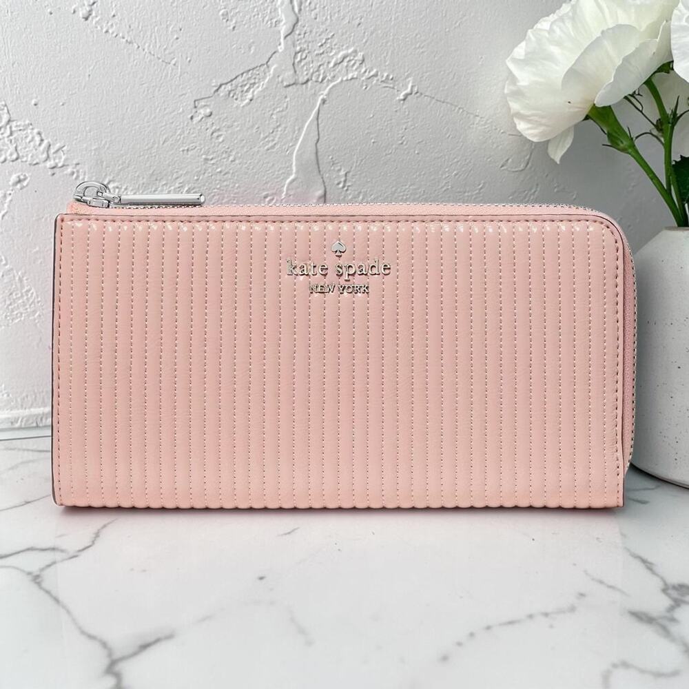 NWT Kate Spade Shiny Quilted Large Slim L-Zip Wallet Rose Smoke Pink KP356